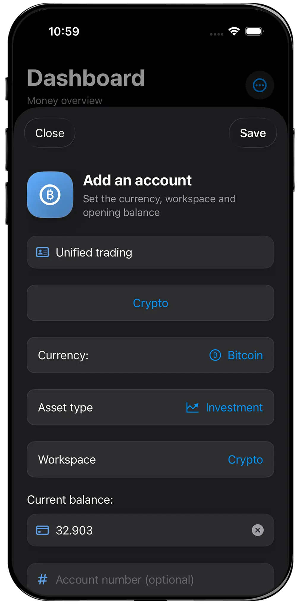 Create account screen for a crypto investment account in All Banks